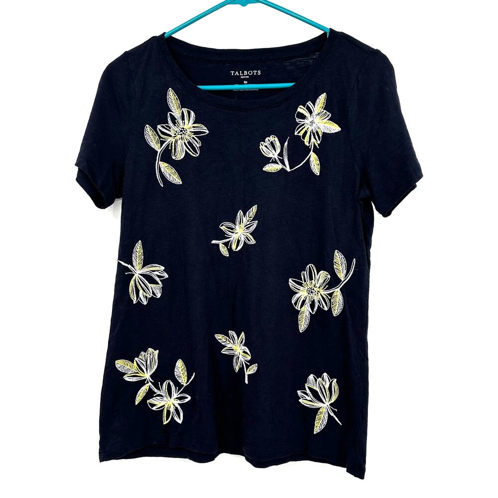 Talbots Size Small Petite Black T-Shirt Embroidered White Yellow Flower Print